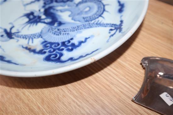 A Chinese blue and white dragon dish, Yongzheng period diameter 28cm